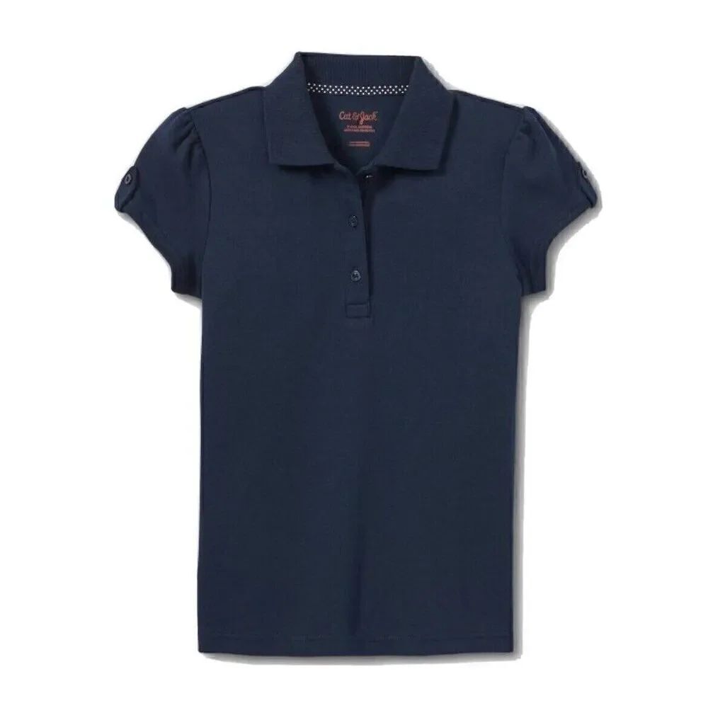 Cat & Jack Girls Uniform M 8 Interlock Short Sleeve Polo Shirt Navy Blue